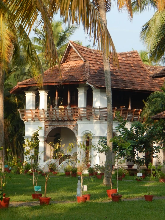 a large white house sitting on top of a lush green field, with kerala motifs, coconut palms, portait image