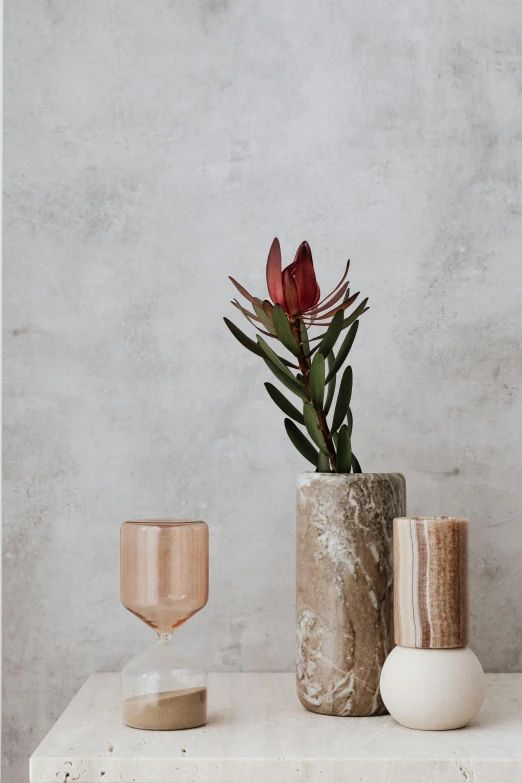 a couple of vases sitting on top of a table, variety of shapes and textures, wine glass, sandstone, blooming