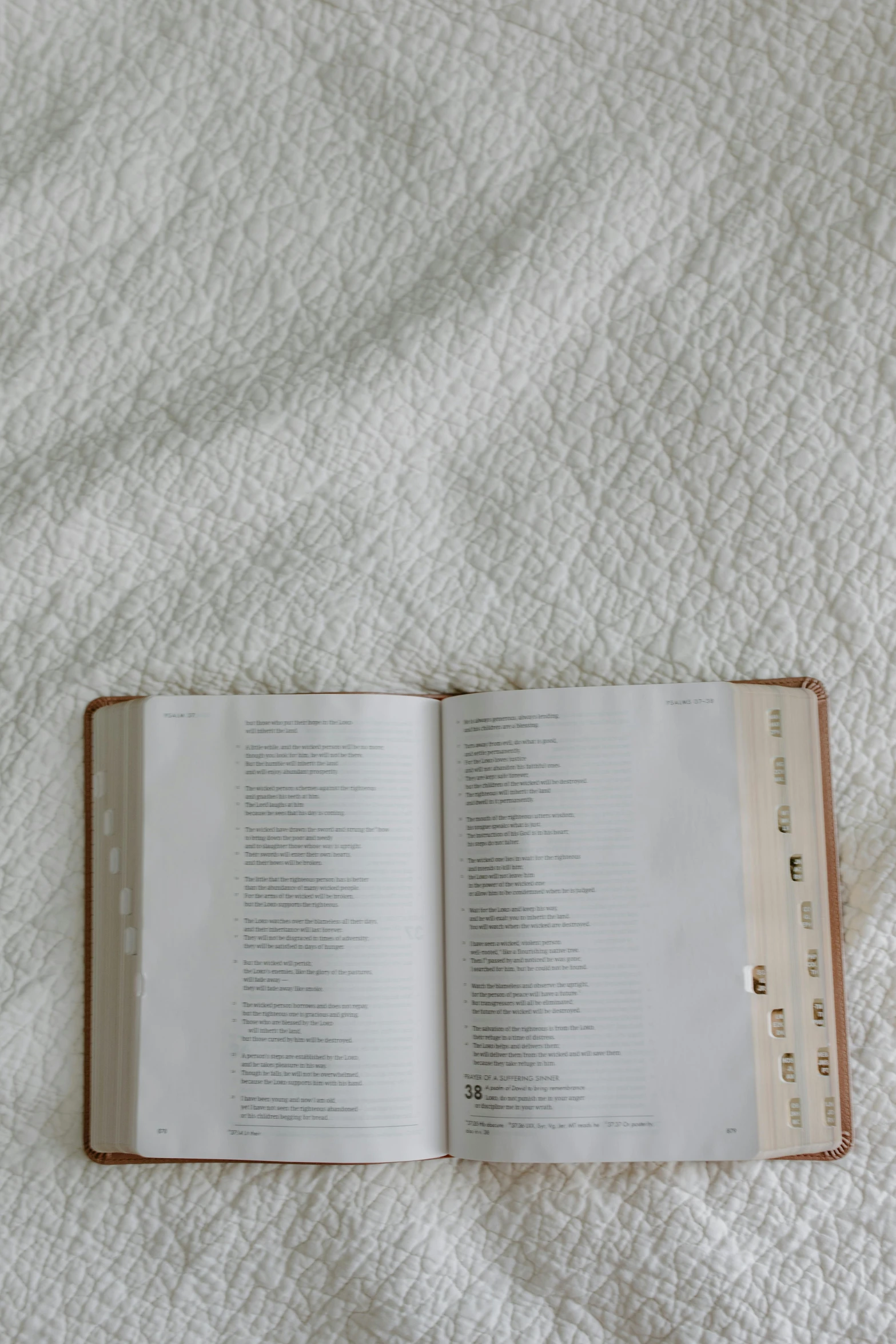 an open book sitting on top of a bed, by Carey Morris, unsplash, on vellum, biblical, un made bed, evenly spaced