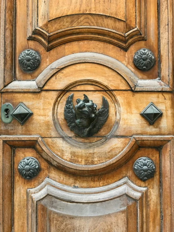 a close up of a wooden door with a bird on it, an album cover, inspired by Károly Markó the Elder, pexels contest winner, renaissance, cherub, vienna secession, high detail photograph, putti