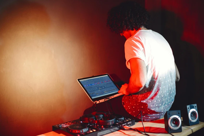 a man sitting in front of a laptop computer, an album cover, pexels, computer art, dj at a party, 15081959 21121991 01012000 4k, performing, rectangle