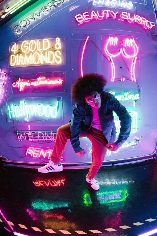 a man that is standing in front of a mirror, inspired by David LaChapelle, trending on pexels, graffiti, some have neon signs, finn wolfhard, gold clothes, donald glover