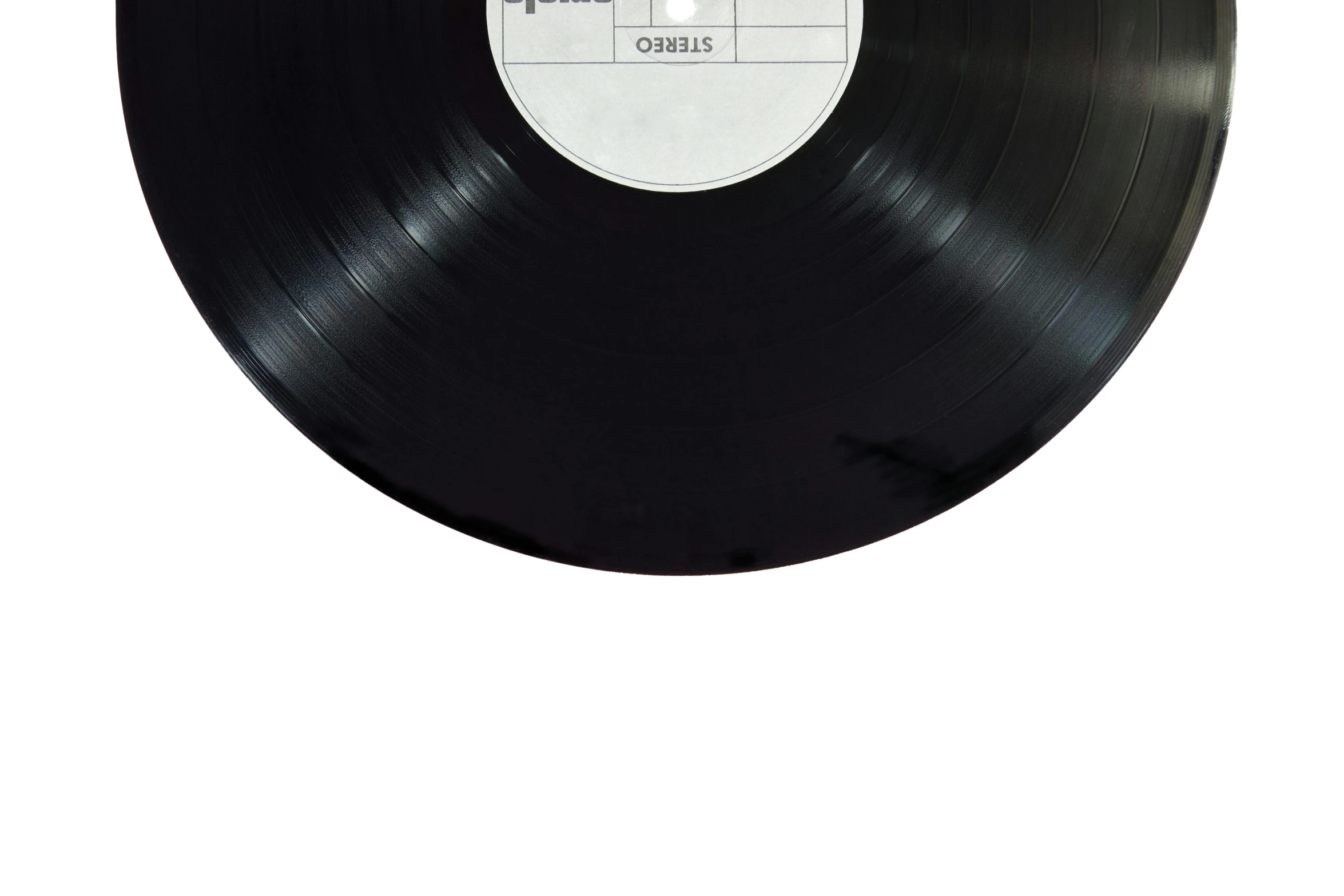 a black vinyl record sitting on top of a white surface, detailed product image, vintage - w 1 0 2 4, large format picture, mixed art