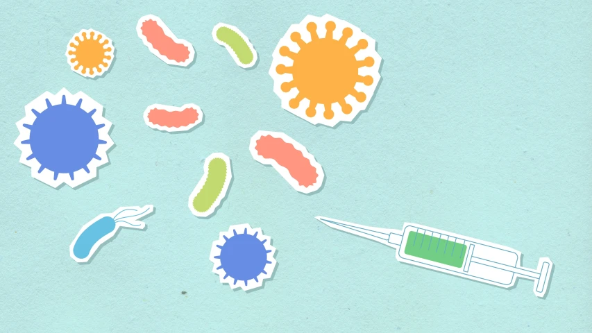 a bunch of stickers sitting on top of a blue surface, an illustration of, holding a syringe, microorganisms, animation still, on a pale background