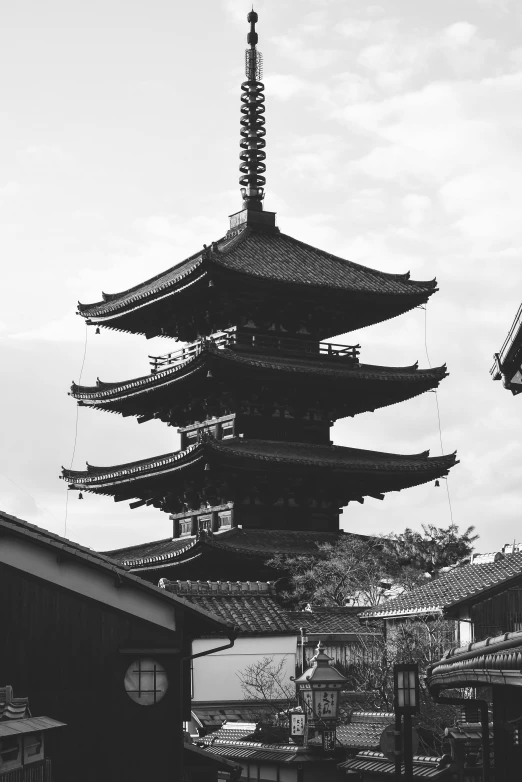 a black and white photo of a pagoda, unsplash, sōsaku hanga, 2 5 6 x 2 5 6, building facing, old town, exterior