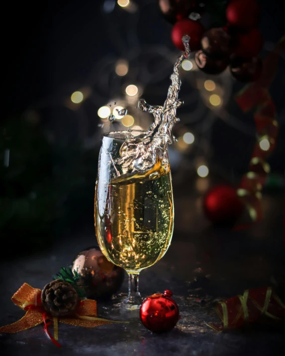 a glass of wine sitting on top of a table, bubbles in the air, glittering silver ornaments, promo image, multiple stories