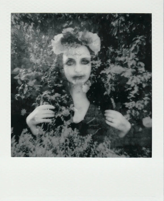 a black and white photo of a woman with flowers in her hair, a polaroid photo, inspired by Claude Cahun, unsplash, amongst foliage, goth clown girl, irridescent ghostly, 33mm photo