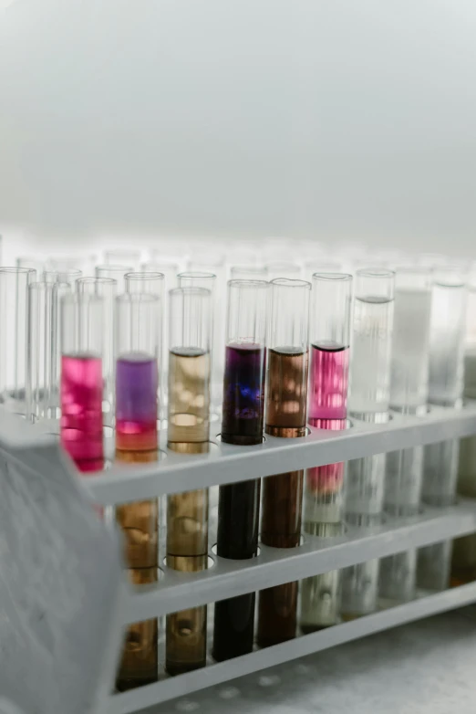 a row of test tubes filled with different colored liquids, unsplash, brown and magenta color scheme, lab coat, silver iodide, textiles