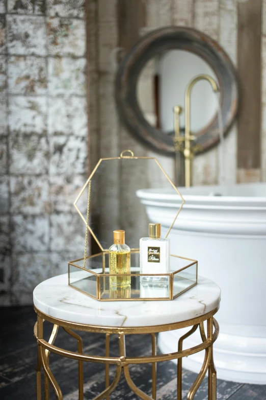 a bath room with a tub a sink and a mirror, inspired by Gabriel Ba, featured on instagram, perfume bottle, full product shot, hexagonal, small in size