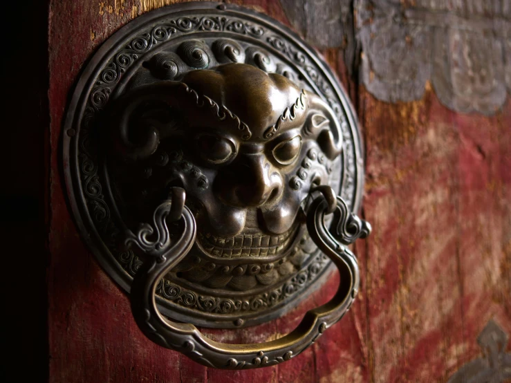 a close up of a door handle on a wooden door, a bronze sculpture, inspired by Li Kan, pexels contest winner, peking opera, krampus, small chin, facing camera