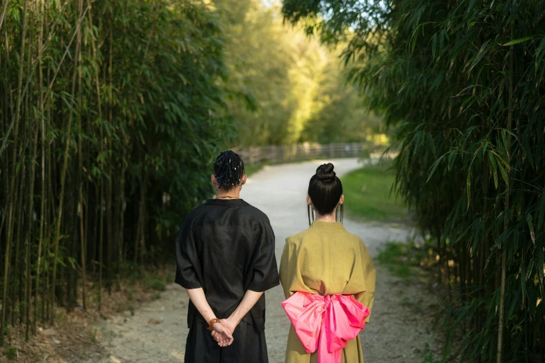 a couple of people that are walking down a path, inspired by Shin Saimdang, unsplash, sōsaku hanga, hakama kimono, sydney park, waiting, back to back