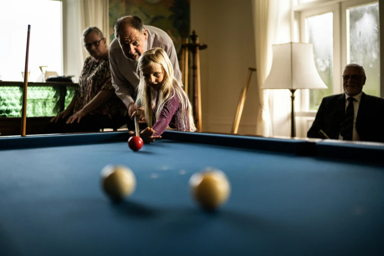 a man and a little girl playing a game of pool, a portrait, by Jesper Knudsen, unsplash, elderly, getty images proshot, natural soft light, 15081959 21121991 01012000 4k