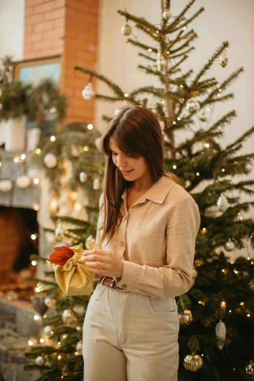 a woman standing in front of a christmas tree, wearing a linen shirt, rituals, holding an apple, profile image