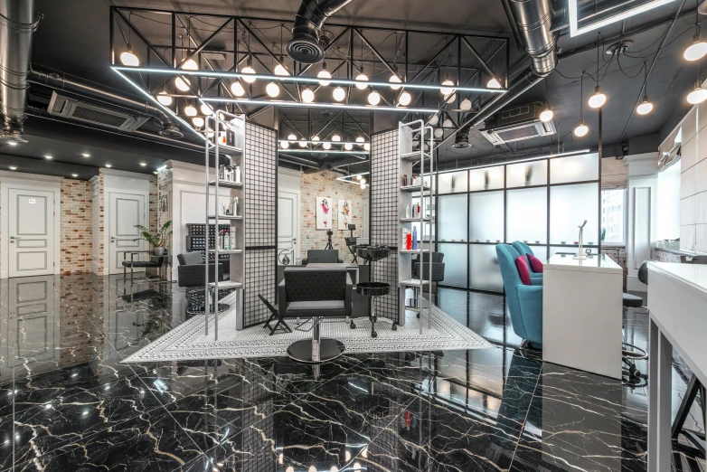 a salon with black and white marble floors, advertising studio lighting, thumbnail, ultrastation hq, profile image