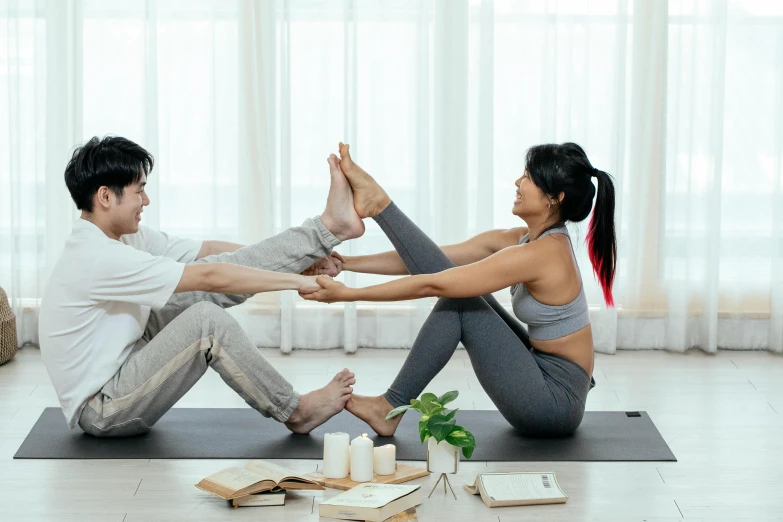 a man and a woman doing yoga together, pexels contest winner, ultra realistic, hoang long ly, upper and lower body, full device