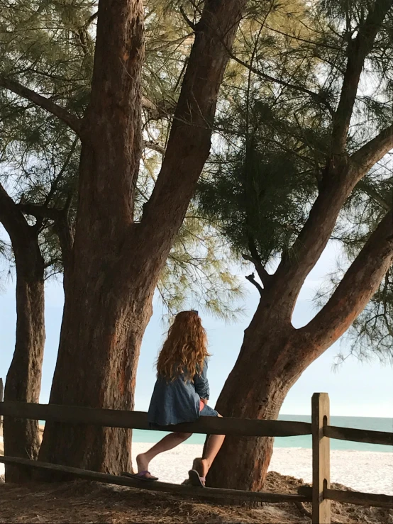 a woman sitting on a bench next to a tree, a picture, by Maggie Hamilton, unsplash contest winner, varadero beach, profile image, shot on iphone, beachwood treehouse