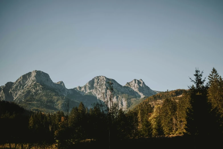 a mountain range with trees in the foreground, by Emma Andijewska, unsplash contest winner, visual art, late summer evening, clear skies, profile image, high quality product image”