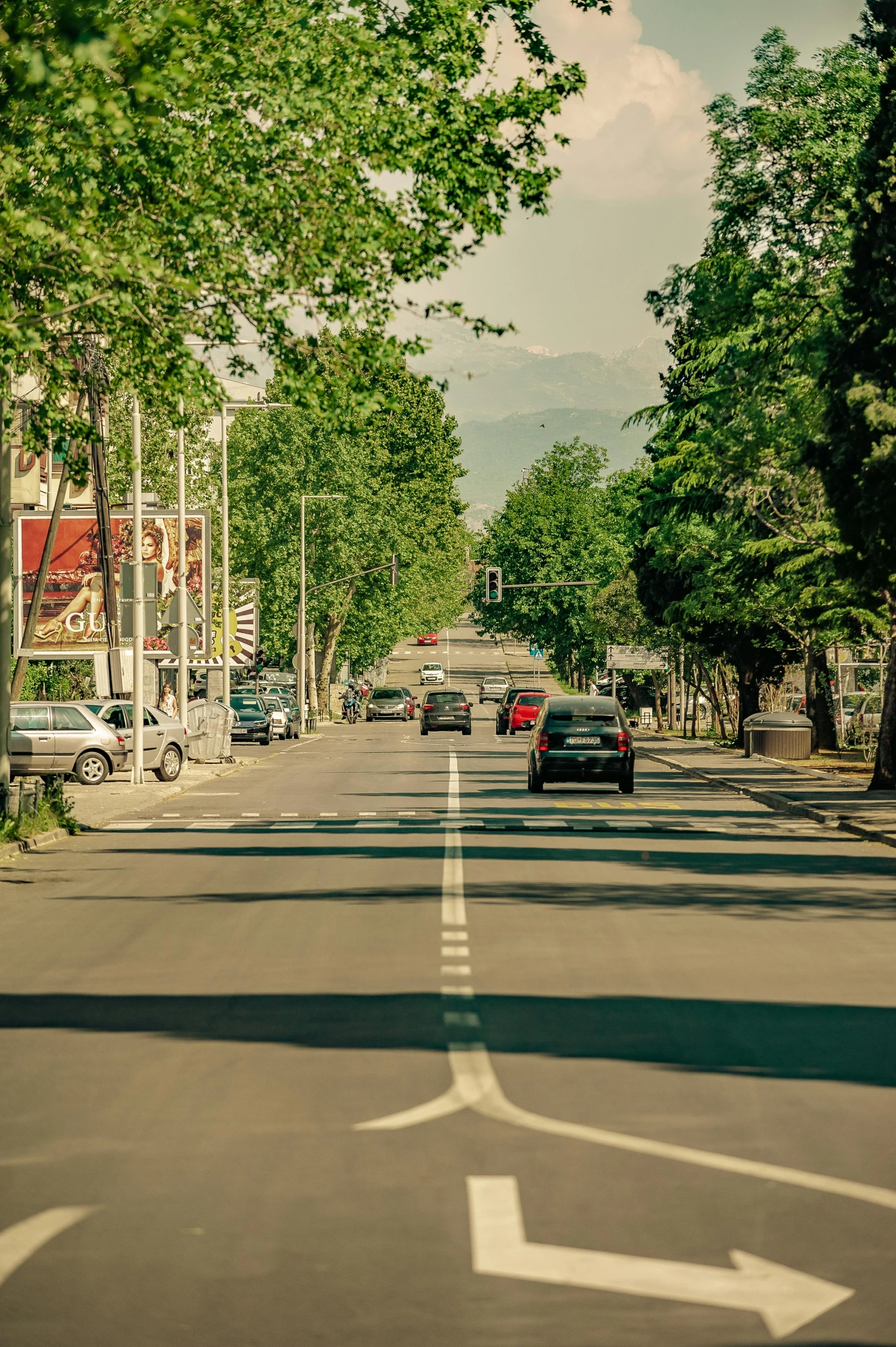 a street filled with lots of traffic next to tall trees, georgic, today\'s featured photograph 4k, square, 4 k cinematic still
