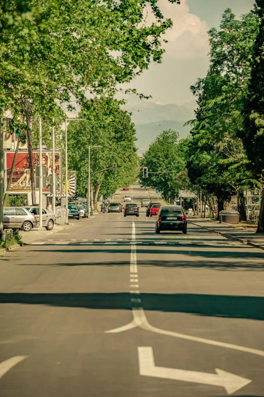 a street filled with lots of traffic next to tall trees, georgic, today\'s featured photograph 4k, square, 4 k cinematic still