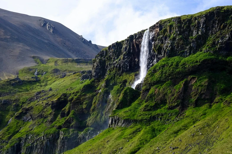 a group of sheep standing on top of a lush green hillside, by Hallsteinn Sigurðsson, pexels contest winner, hurufiyya, waterfall walls, dripping stalagtites, seen from a distance, mountainous