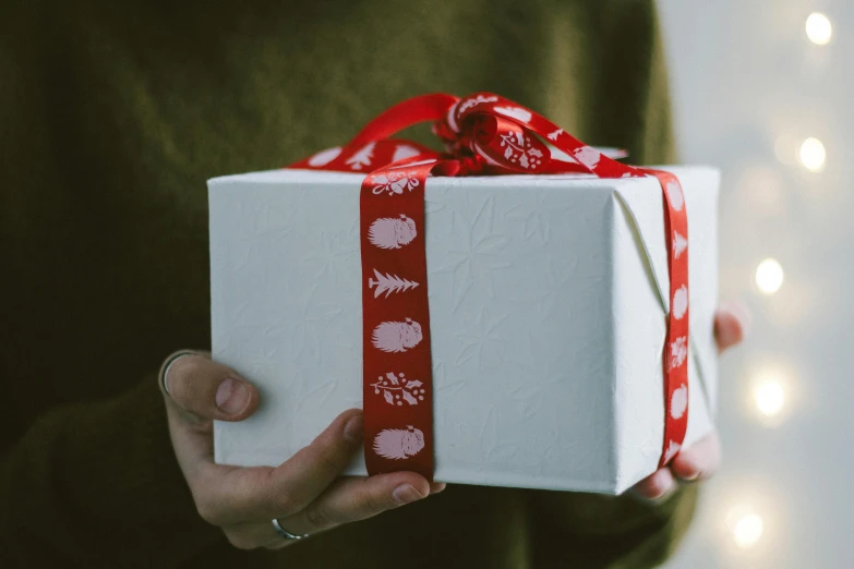 a person holding a white box with a red ribbon, by Eden Box, pexels contest winner, private press, cosy, embossed, thumbnail, white