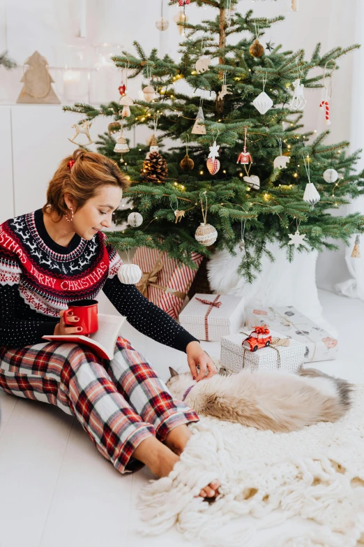 a woman sitting on the floor next to a christmas tree, petting a cat, beautiful nordic woman, profile image, patterned clothing