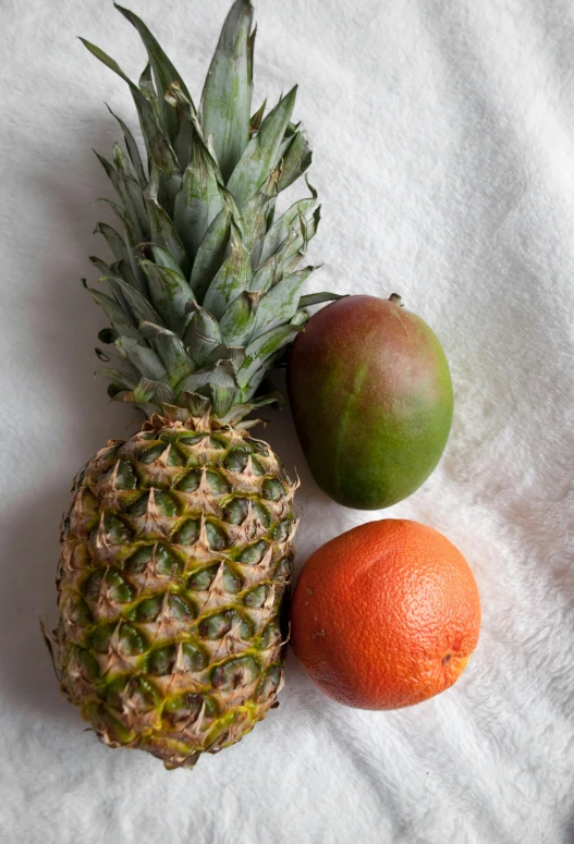 a pineapple sitting next to two oranges and a mango, top - down photograph, silk, a small, hispanic