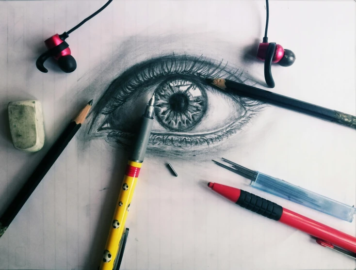 a close up of a drawing of a person's eye, a drawing, trending on pexels, designer pencil 3d sketch, illustration »