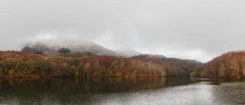 a large body of water surrounded by trees, inspired by Elsa Bleda, pexels contest winner, tonalism, gray and orange colours, wales, gray sky, mountain lake