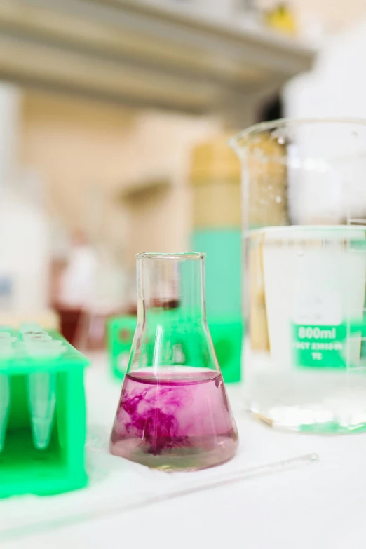 a group of laboratory glassware sitting on top of a counter, a picture, pexels, process art, green and purple, looking across the shoulder, college, purple water