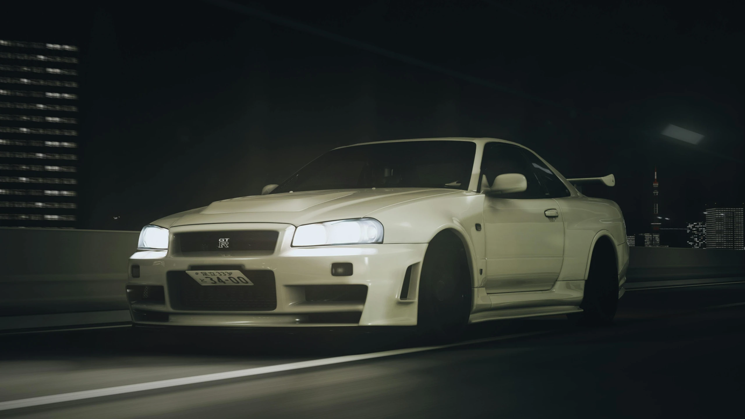 a white car driving down a street at night, a 3D render, inspired by Josetsu, pexels contest winner, hyperrealism, in a modified nissan skyline r34, volumetric lighting - n 9, high detail!!! 8 k, front on