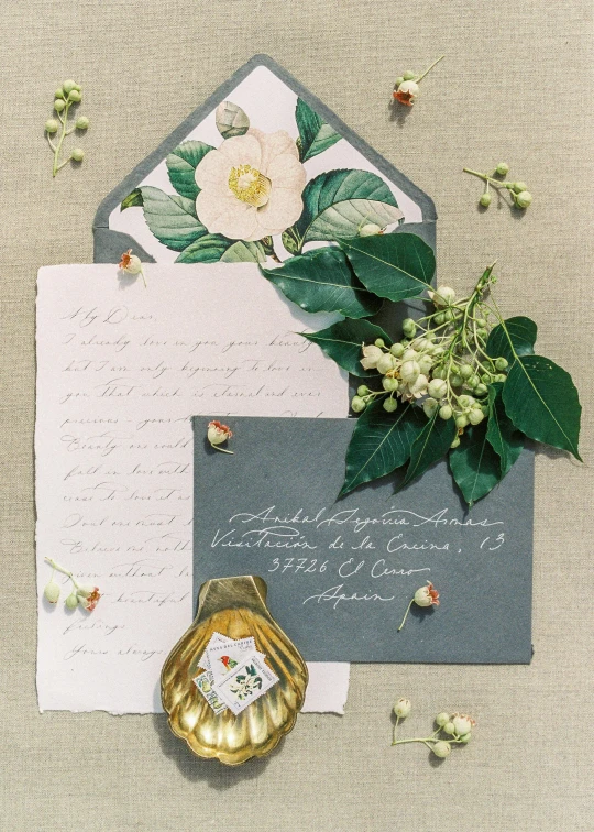 a piece of paper sitting on top of a table, inspired by Amalia Lindegren, exquisite floral details, flatlay, detailed »