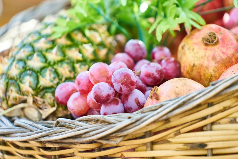 a basket filled with lots of different types of fruit, by Julian Allen, unsplash, renaissance, translucent grapes closeup, pink, salad, promo image