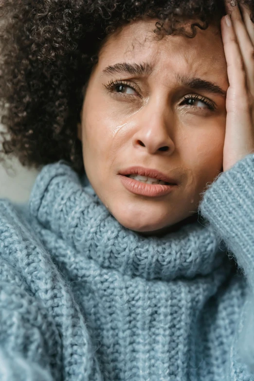 a close up of a person wearing a sweater, woman very tired, wearing a scarf, thumbnail, high forehead