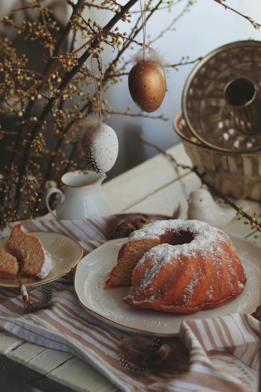 a table topped with a bundt cake covered in powdered sugar, a still life, inspired by Károly Patkó, pexels contest winner, easter, salmon khoshroo, gif, instagram picture