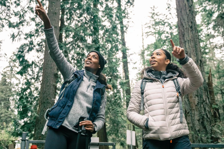 a couple of women standing next to each other in a forest, by Carey Morris, pexels, black fir, looking upward, trecking, 🚿🗝📝