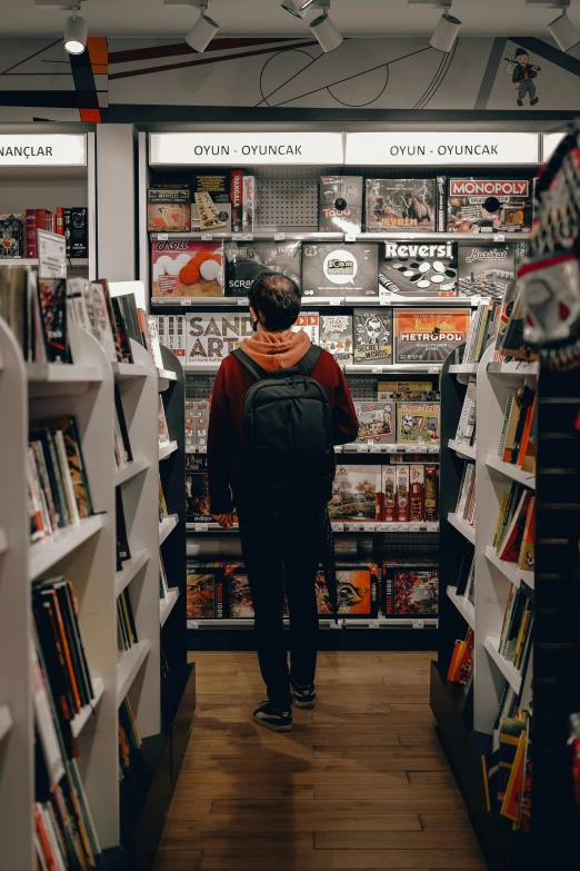 a person standing in the aisle of a book store, a cartoon, pexels contest winner, happening, science magazines, indie games, adult, a man wearing a backpack