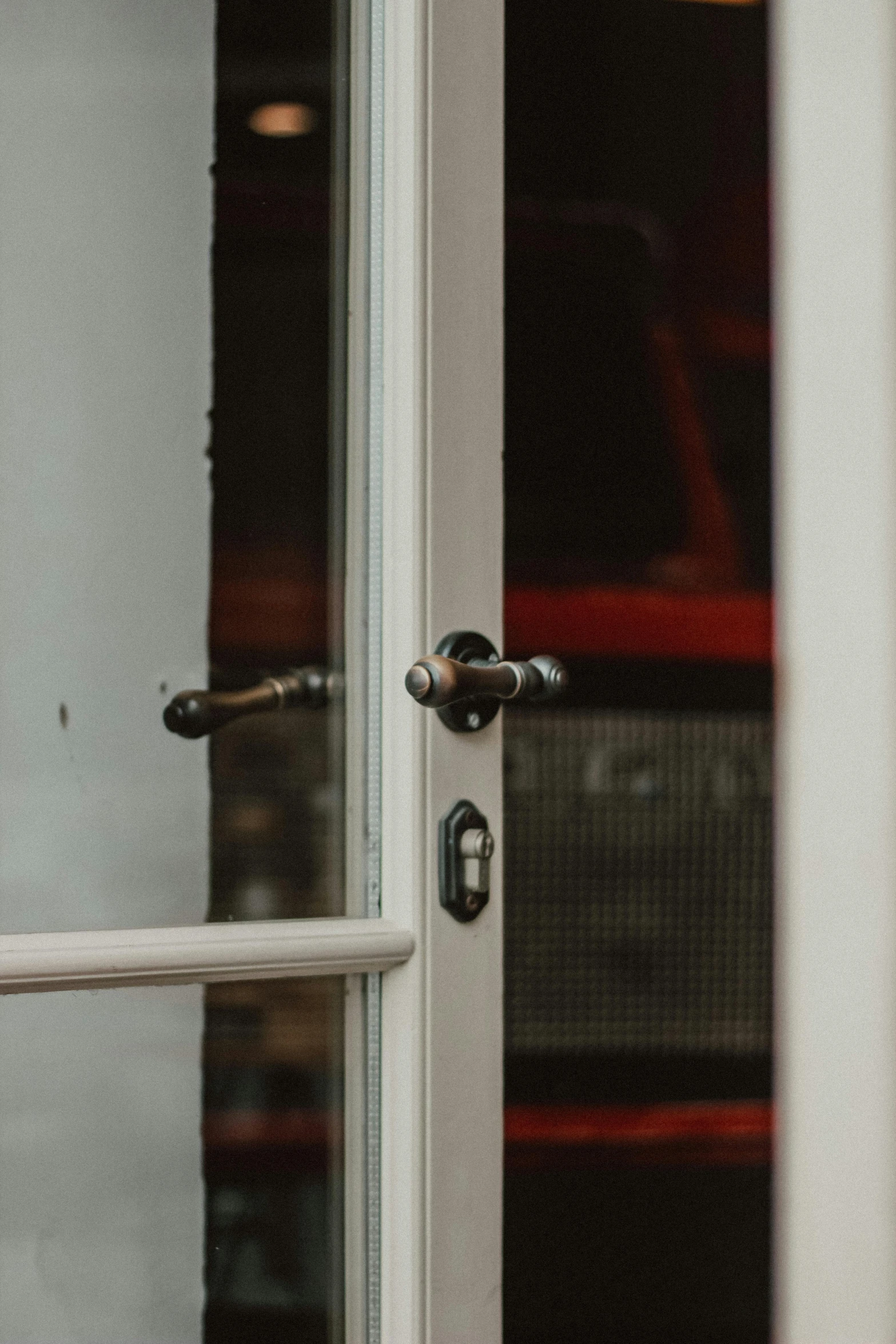 a close up of a door handle on a glass door, by Daniel Seghers, unsplash, cottage close up, silver white red details, customers, brown