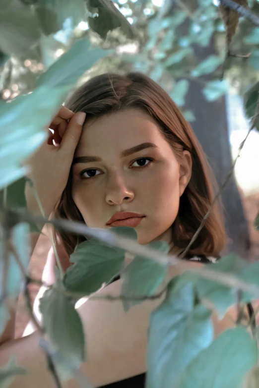 a beautiful young woman standing next to a tree, inspired by Elsa Bleda, trending on pexels, photorealism, hailee steinfeld, light green tone beautiful face, nft portrait, handsome girl