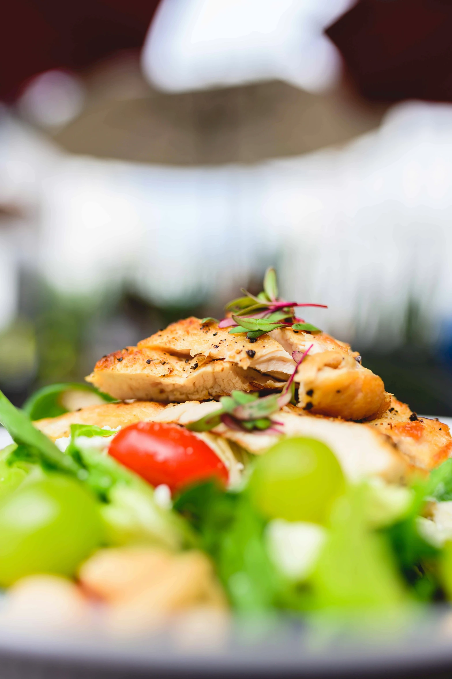 a close up of a plate of food on a table, lush greens, profile image, daily specials, far view