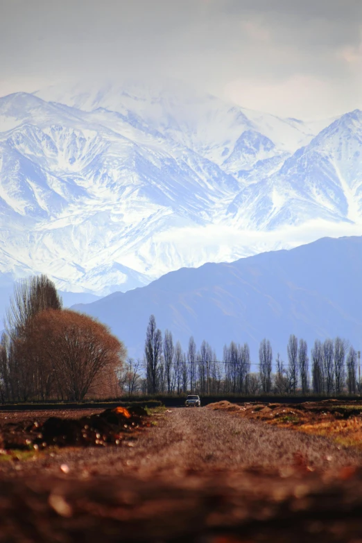 a train on a track with mountains in the background, by Sohrab Sepehri, land art, lush farm lands, snowy plains, roadside, panorama