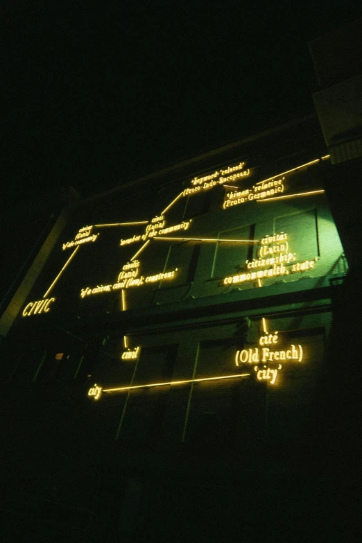 a sign that is on the side of a building, inspired by Cerith Wyn Evans, ascii art, yellow lights, 1999 photograph, diagram, ( conceptual art )