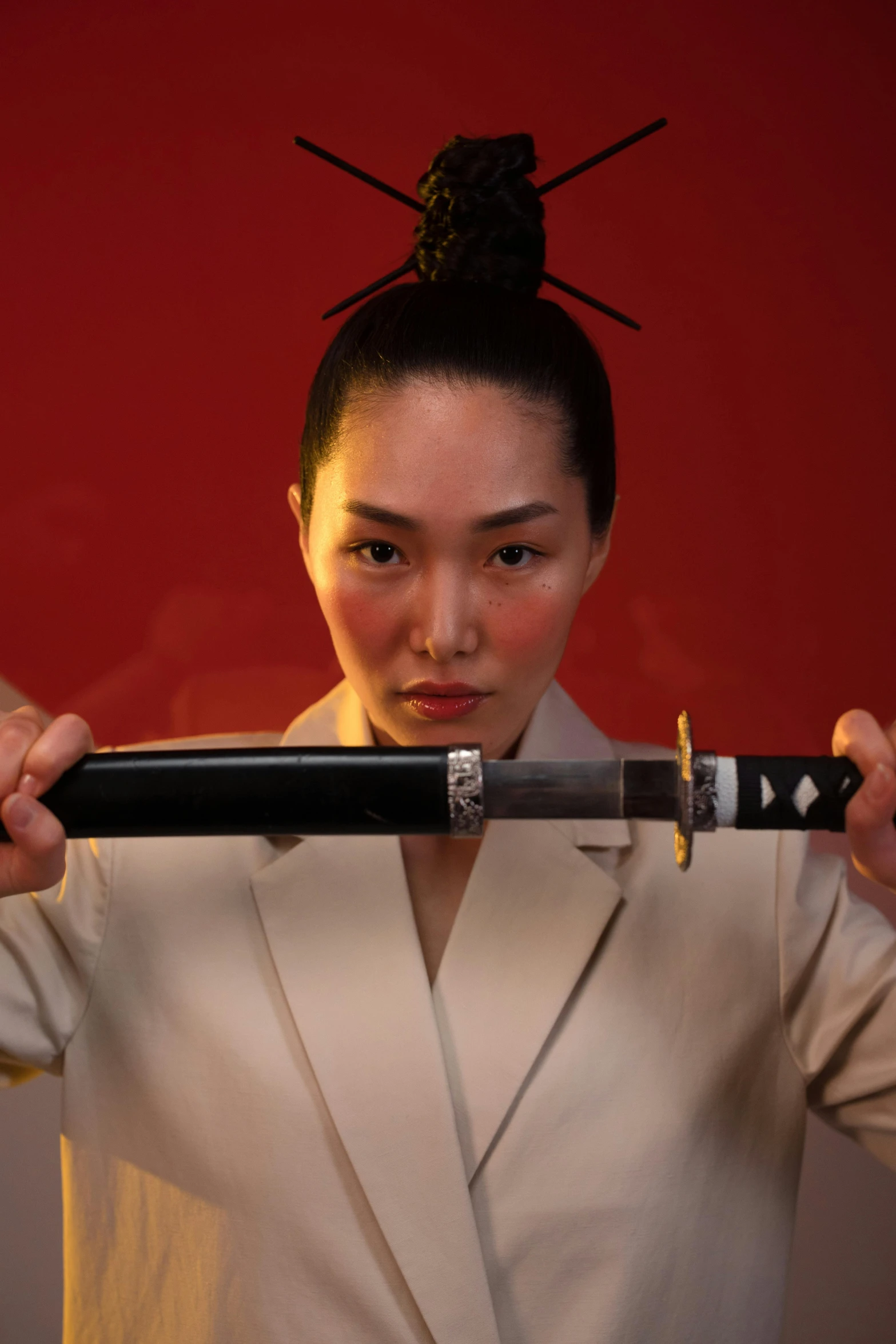 a woman holding a baseball bat over her shoulder, an album cover, inspired by Kanō Sanraku, pexels contest winner, hito steyerl, holding two swords, profile image, serious business