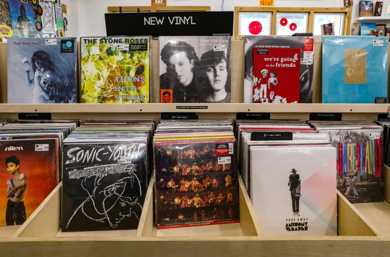 a number of records on a shelf in a store, an album cover, pexels, bauhaus, sonic youth, thumbnail, billy corgan, wide high angle view