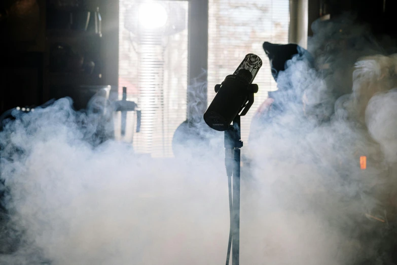 a microphone with smoke coming out of it, pexels contest winner, indoor scene, smokey cannons, ready to eat, mid morning lighting