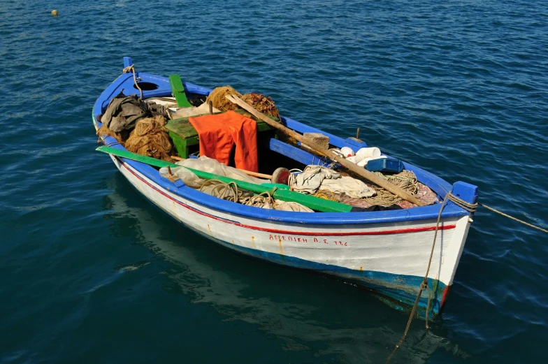 a blue and white boat sitting on top of a body of water, pexels contest winner, renaissance, sustainable materials, fisherman, multicoloured, fully functional