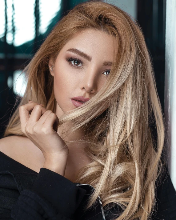 a woman with long blonde hair posing for a picture, by Robbie Trevino, trending on pexels, renaissance, beautiful asian woman, dark chocolate hair colour, beauty campaign, trending on artisation