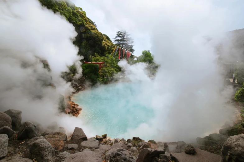 a body of water with steam coming out of it, by Yasushi Sugiyama, unsplash contest winner, the great door of hell, japanese village, azores, avatar image