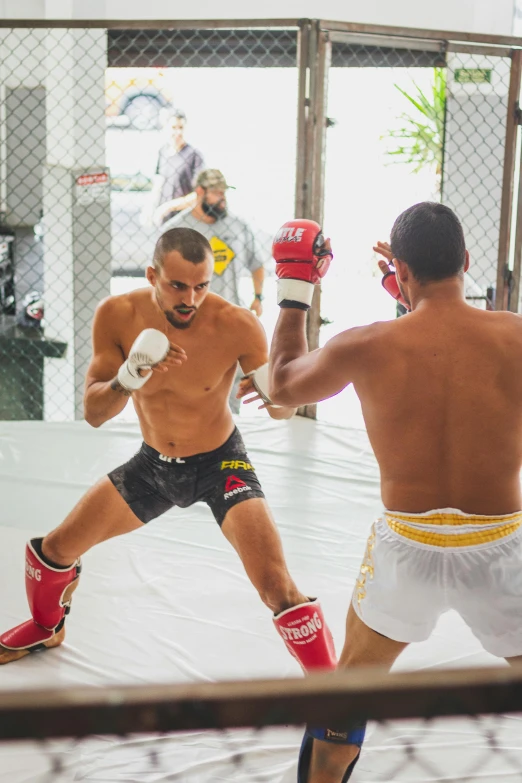 a couple of men standing next to each other on a boxing ring, dau-al-set, mma southpaw stance, in sao paulo, punching in a bag, thiago alcantara