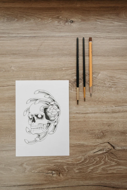 a drawing of a skull on a piece of paper, inspired by Kawanabe Kyōsai, trending on pexels, modern european ink painting, on a wooden desk, art set, hand drawn svg, tattoo sketch of a ocean